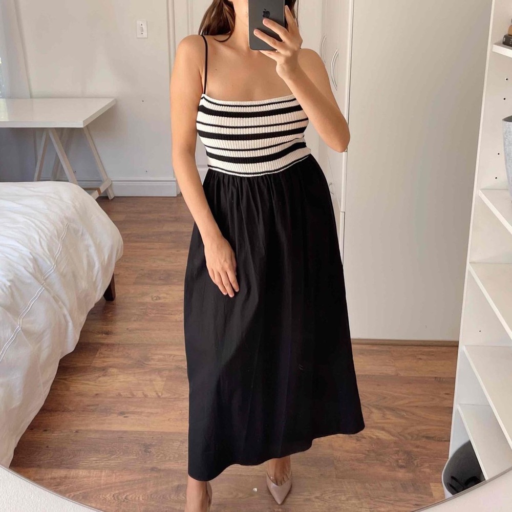 Zara crochet knit striped top midi dress M black cream